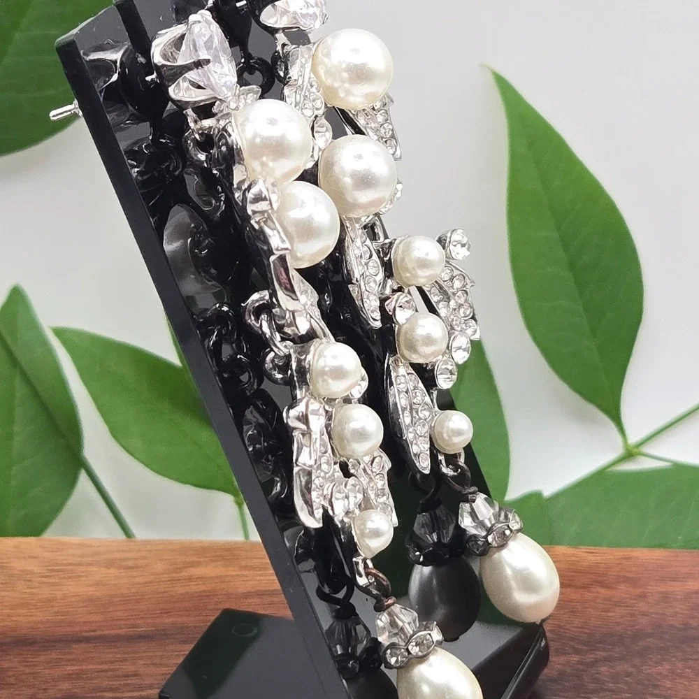 Silver Tone Faux Pearl Rhinestone Leaf Vine Chandelier Drop Statement Earrings